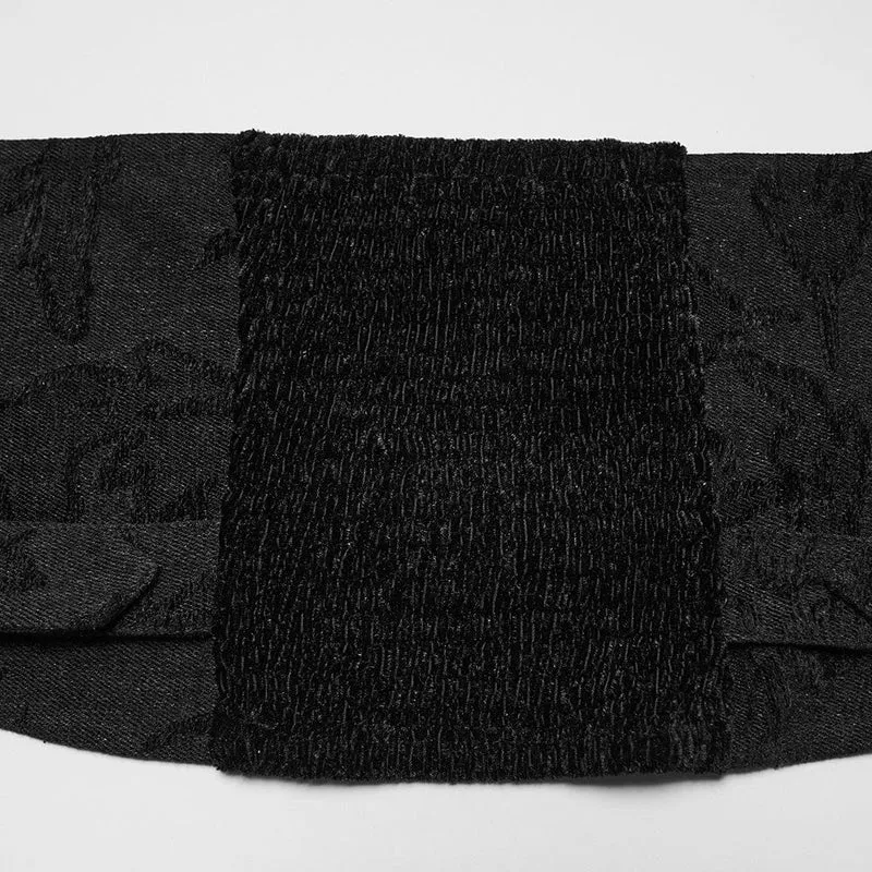 Damen Gothic Neckholder Jacquard Jeansweste mit Kunstpelzkragen Schwarz