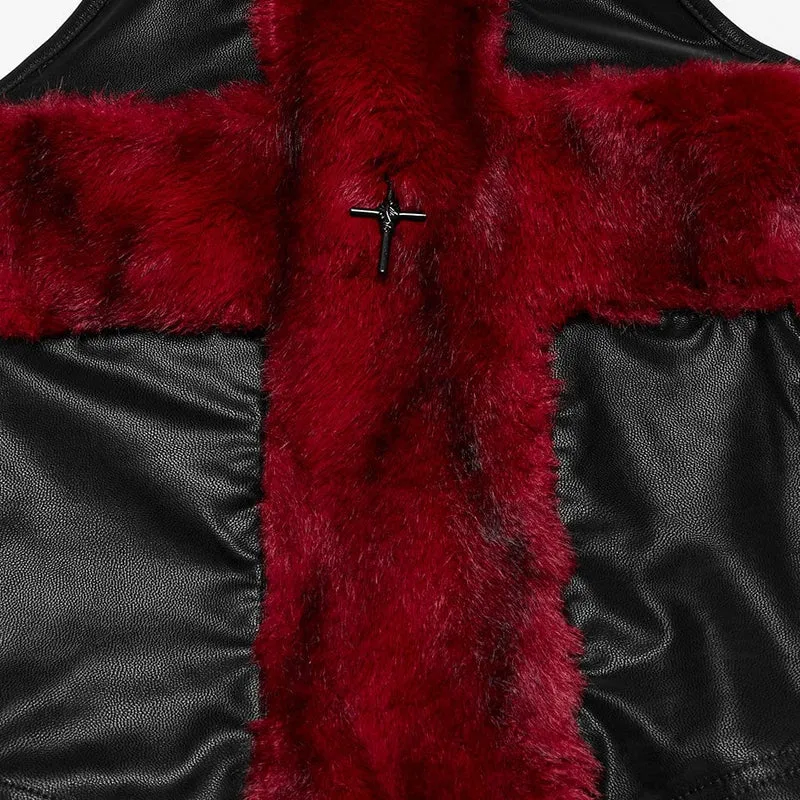 Damen Punk Cross Kunstpelz Splice Kunstlederweste