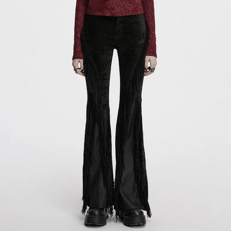 Damen Punk Tassel Splice Schlaghose Schwarz