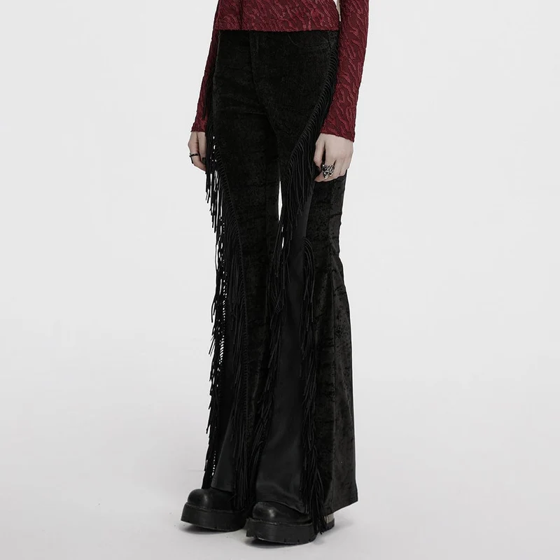 Damen Punk Tassel Splice Schlaghose Schwarz