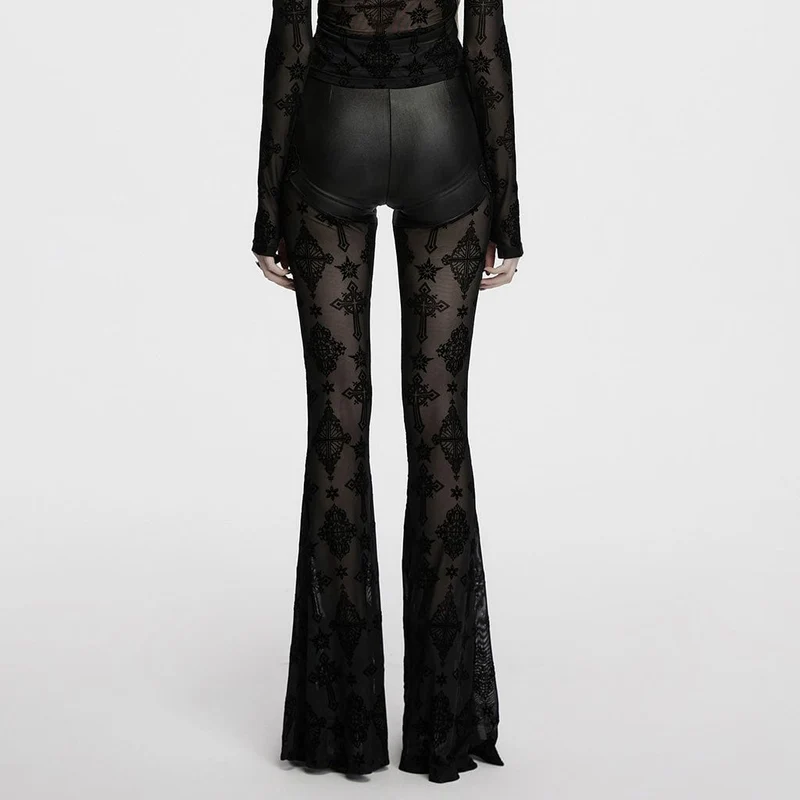 Gothic-Schlaghose mit beflocktem Netzstoff für Damen