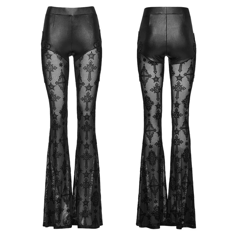 Gothic-Schlaghose mit beflocktem Netzstoff für Damen