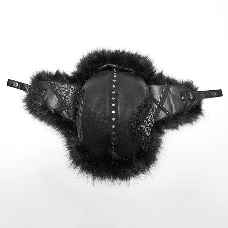 Damen Punk Skull Mesh Plüsch Splice Kunstlederhut
