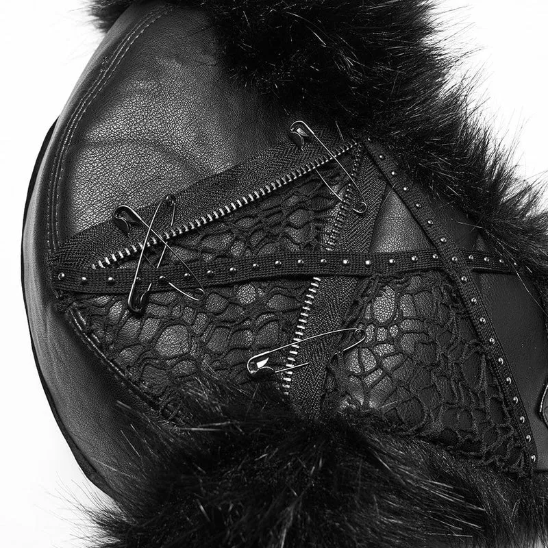 Damen Punk Skull Mesh Plüsch Splice Kunstlederhut