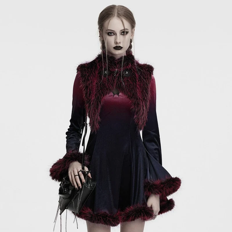 Gothic Stehkragen Farbverlauf Kunstpelz Cape für Damen Rot
