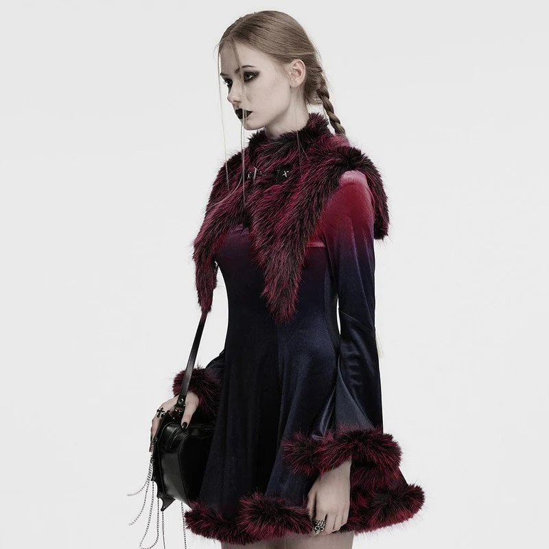 Gothic Stehkragen Farbverlauf Kunstpelz Cape für Damen Rot