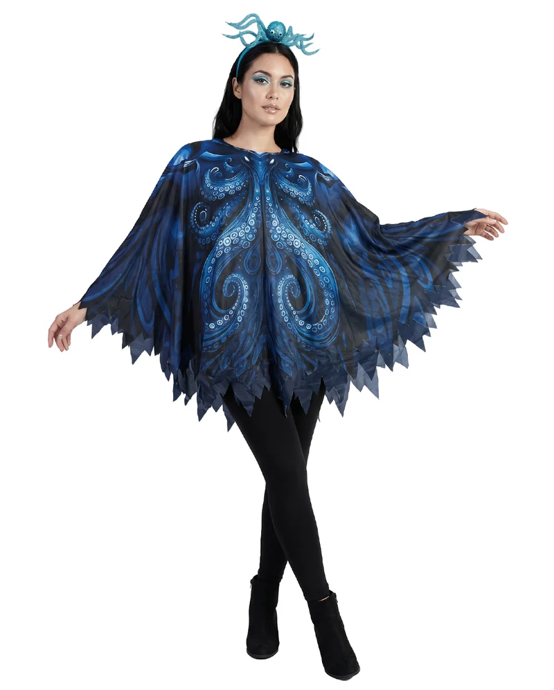 Schwarzer Tintenfisch Poncho mit blauem Oktopus