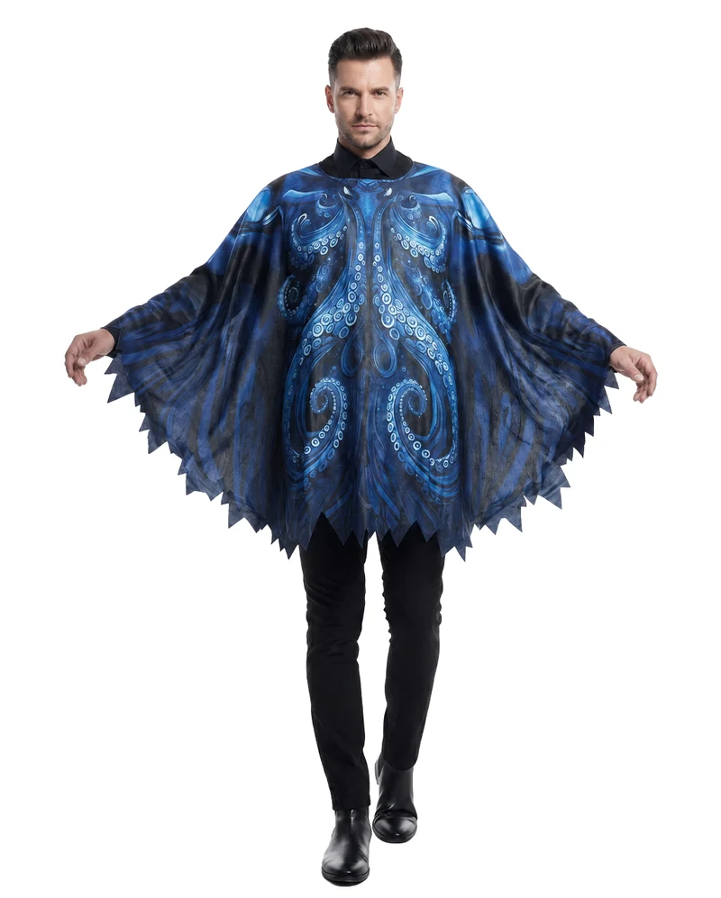 Schwarzer Tintenfisch Poncho mit blauem Oktopus