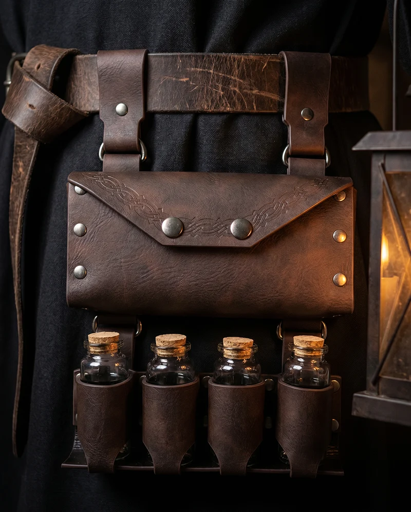Braune Alchemie Gürteltasche mit 4 Zaubertrankflaschen