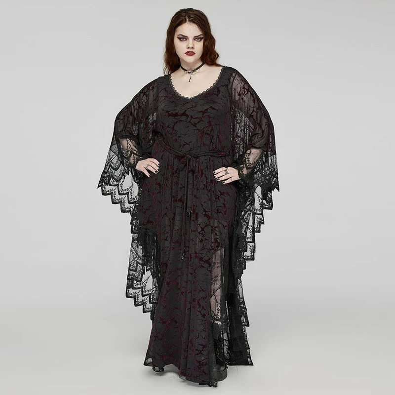 Damen-Gothic-Hexenkleid mit tiefem Ausschnitt und Fledermausärmeln in Übergröße in Schwarz und Rot