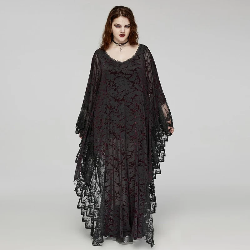 Damen-Gothic-Hexenkleid mit tiefem Ausschnitt und Fledermausärmeln in Übergröße in Schwarz und Rot