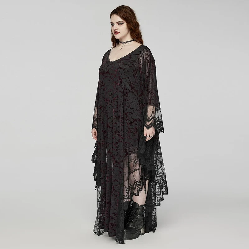 Damen-Gothic-Hexenkleid mit tiefem Ausschnitt und Fledermausärmeln in Übergröße in Schwarz und Rot