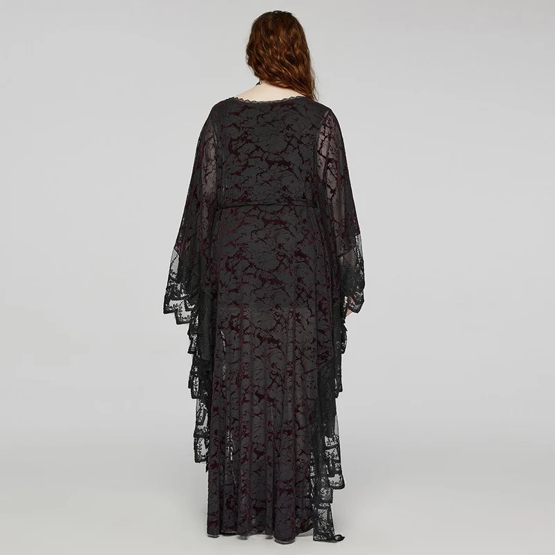 Damen-Gothic-Hexenkleid mit tiefem Ausschnitt und Fledermausärmeln in Übergröße in Schwarz und Rot
