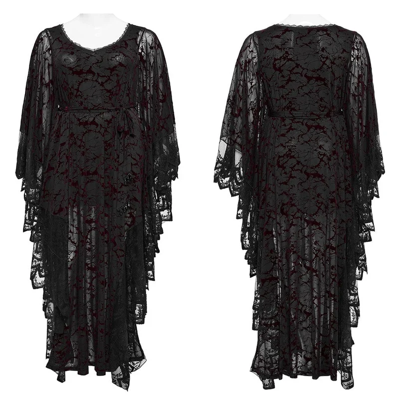 Damen-Gothic-Hexenkleid mit tiefem Ausschnitt und Fledermausärmeln in Übergröße in Schwarz und Rot