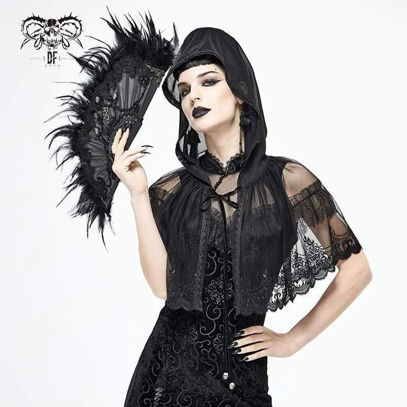 Damen Gothic Floral Lace Sheer Black Umhänge mit Kapuze