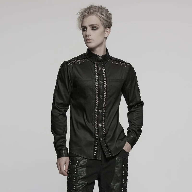 Herren Punk Pin Mesh Splice Shirt
