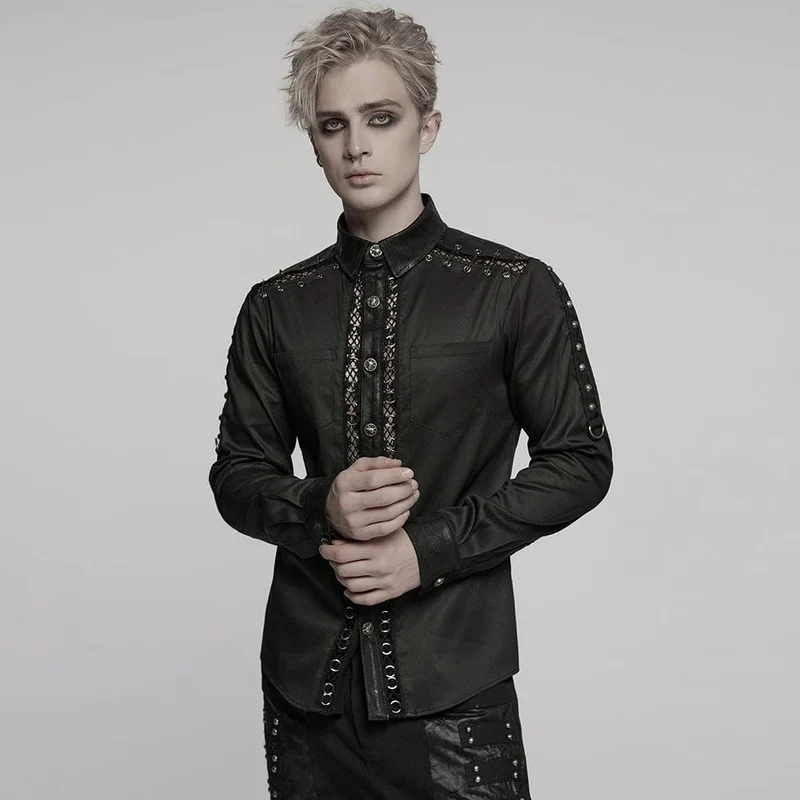 Herren Punk Pin Mesh Splice Shirt