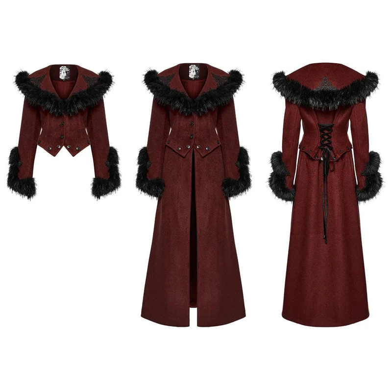 Gothic-Mantel aus Kunstpelz mit abnehmbarer Schnürung für Damen, Rot