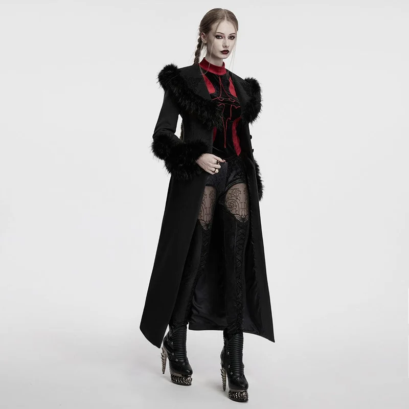 Gothic-Mantel aus Kunstpelz mit abnehmbarer Schnürung für Damen, Schwarz