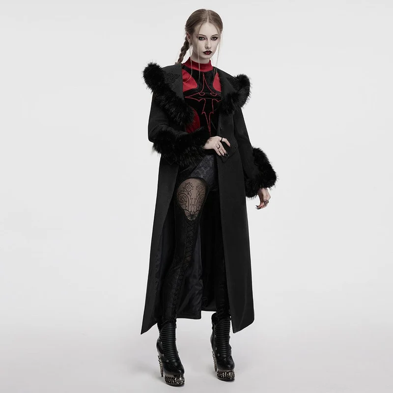 Gothic-Mantel aus Kunstpelz mit abnehmbarer Schnürung für Damen, Schwarz