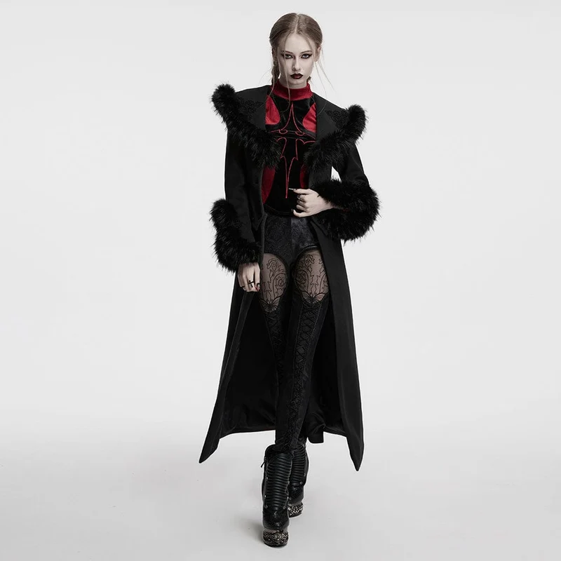 Gothic-Mantel aus Kunstpelz mit abnehmbarer Schnürung für Damen, Schwarz