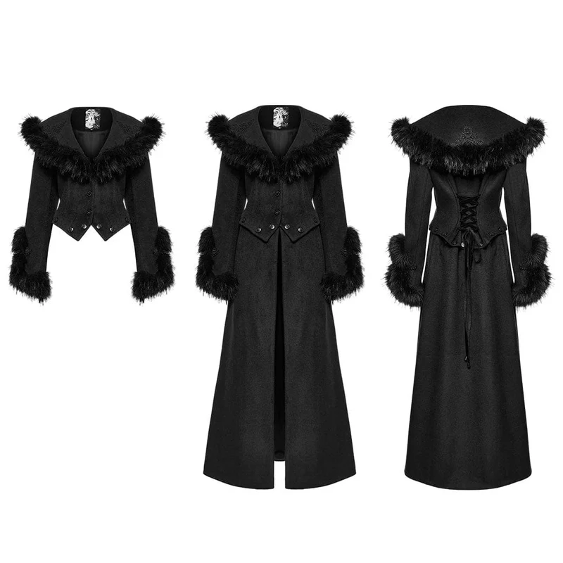 Gothic-Mantel aus Kunstpelz mit abnehmbarer Schnürung für Damen, Schwarz