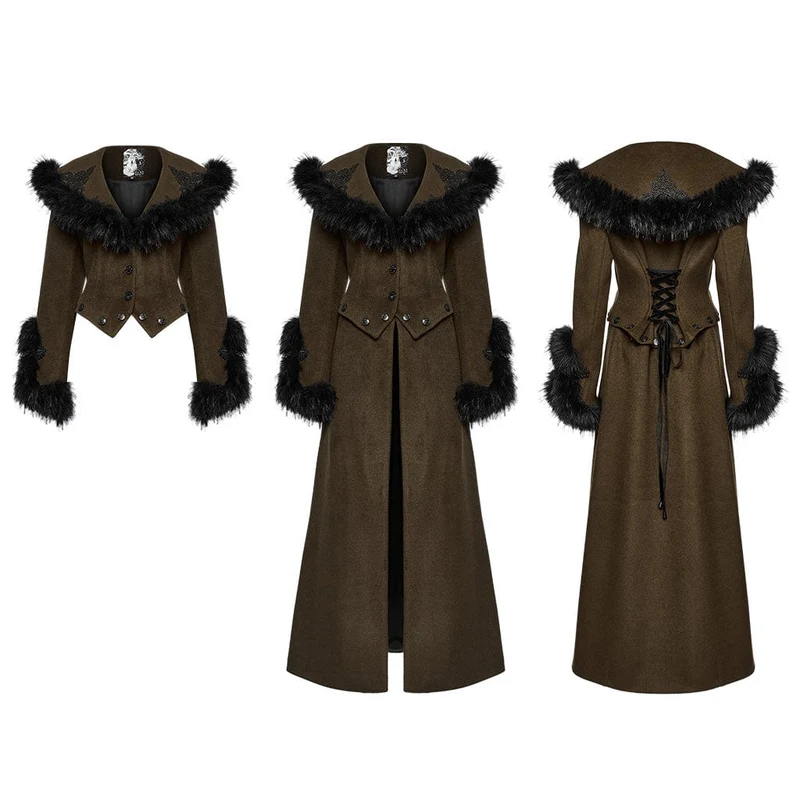 Gothic Kunstpelz Splice Schnürung Abnehmbarer Mantel für Damen Kaffee