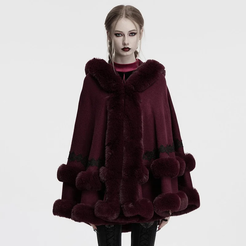 Gothic Flauschiger Wintermantel mit Kapuze für Damen Rot
