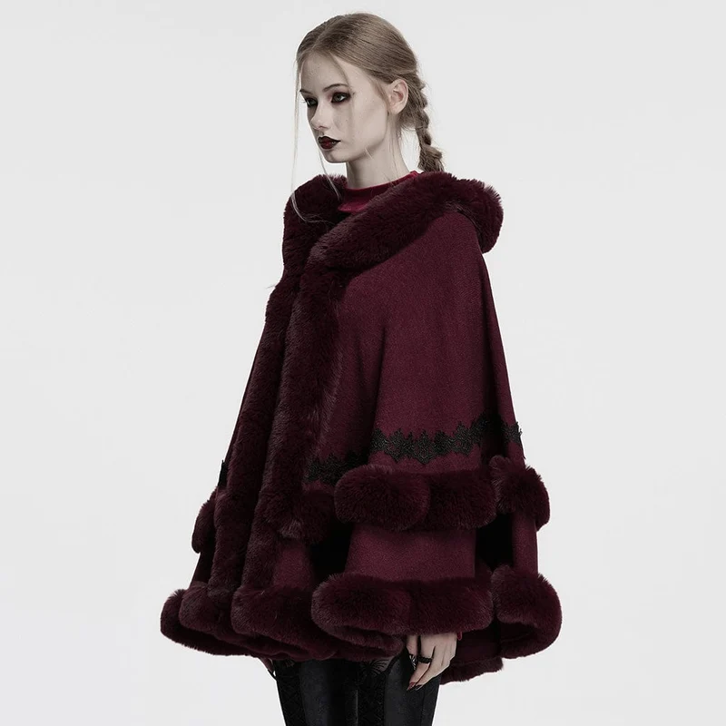 Gothic Flauschiger Wintermantel mit Kapuze für Damen Rot