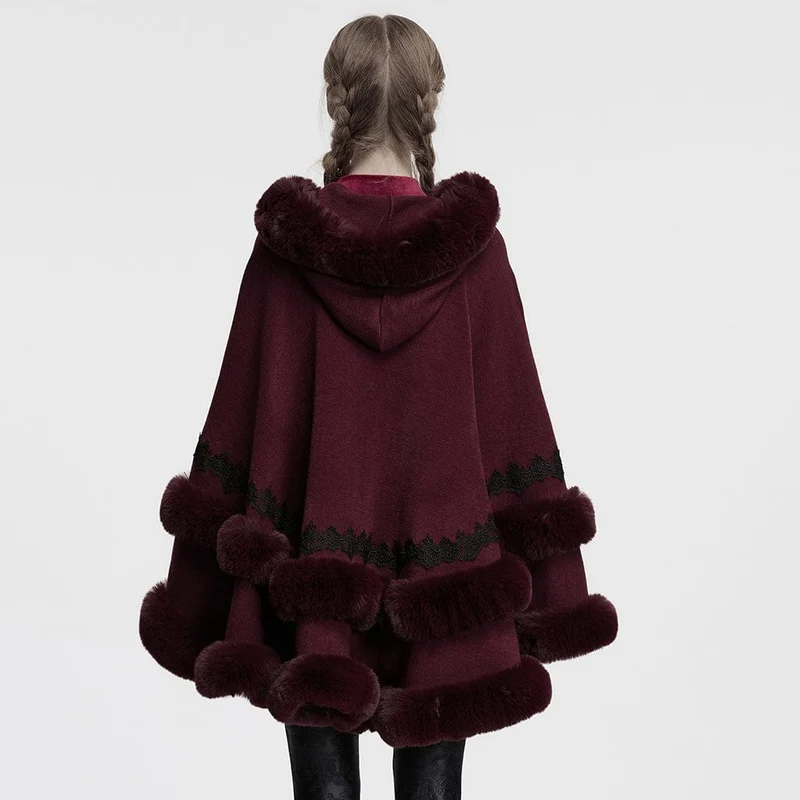 Gothic Flauschiger Wintermantel mit Kapuze für Damen Rot