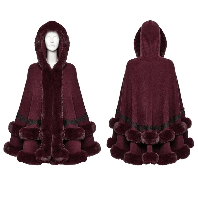 Gothic Flauschiger Wintermantel mit Kapuze für Damen Rot