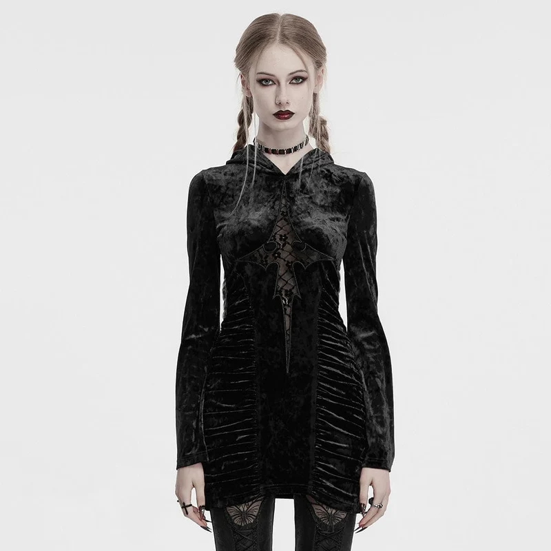 Gothic-Spitzen-Kreuz-Splice-Samtkleid mit Kapuze für Damen, Schwarz