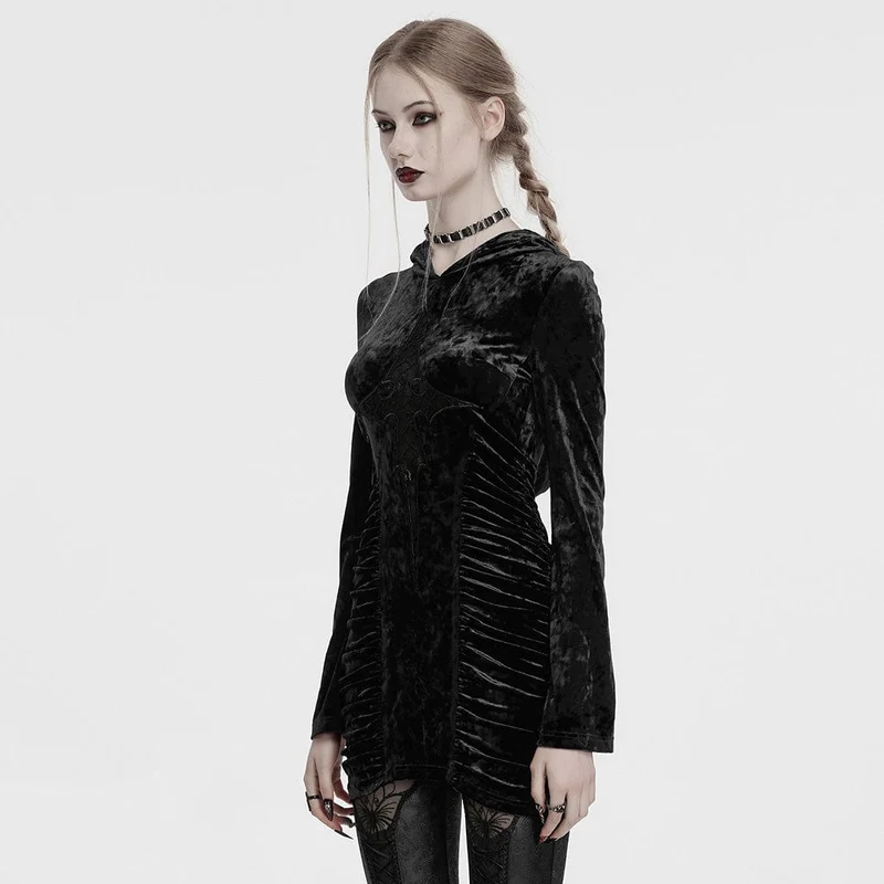 Gothic-Spitzen-Kreuz-Splice-Samtkleid mit Kapuze für Damen, Schwarz