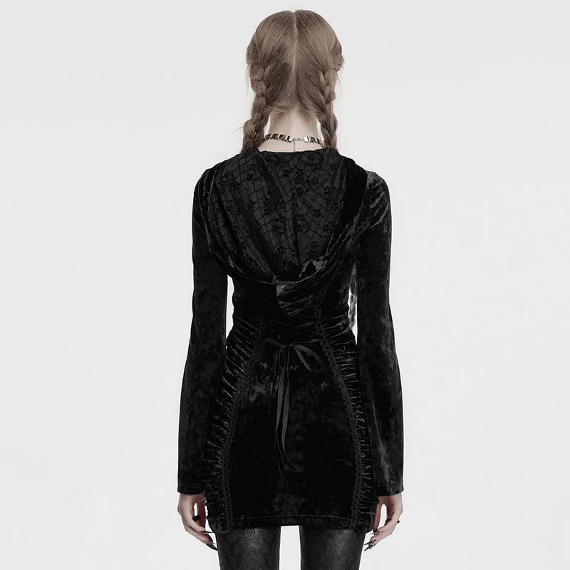 Gothic-Spitzen-Kreuz-Splice-Samtkleid mit Kapuze für Damen, Schwarz
