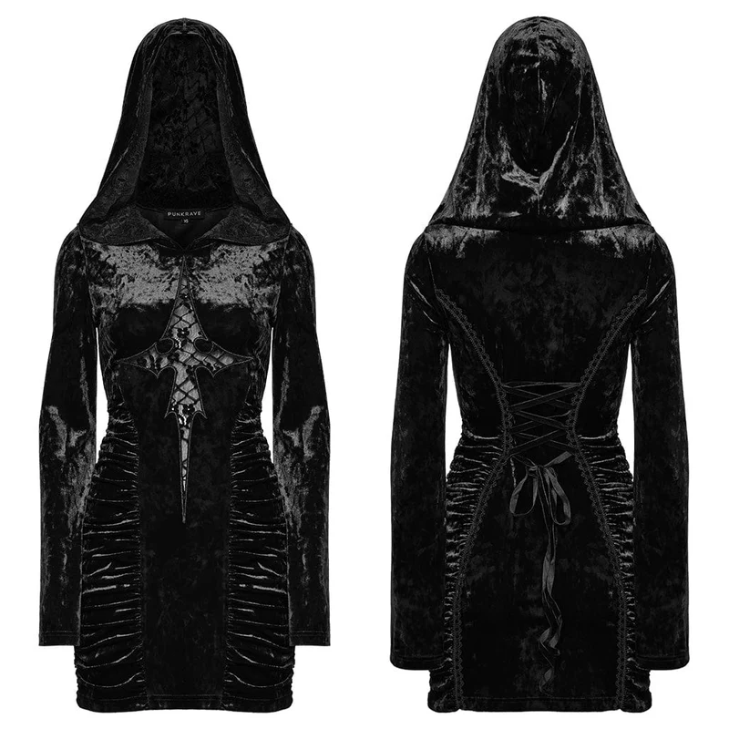 Gothic-Spitzen-Kreuz-Splice-Samtkleid mit Kapuze für Damen, Schwarz