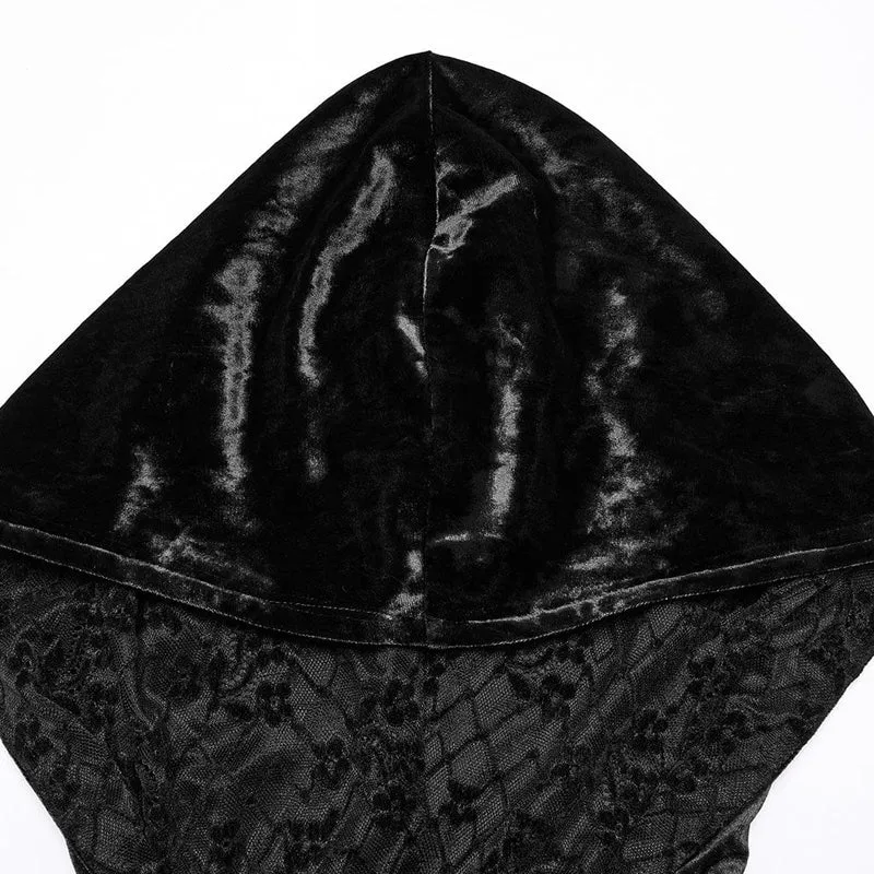 Gothic-Spitzen-Kreuz-Splice-Samtkleid mit Kapuze für Damen, Schwarz