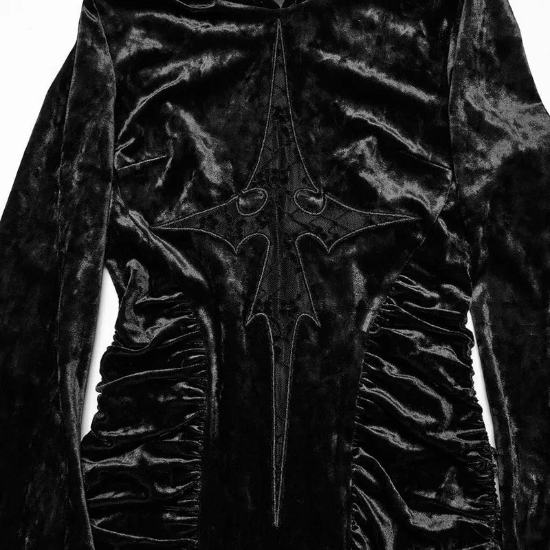 Gothic-Spitzen-Kreuz-Splice-Samtkleid mit Kapuze für Damen, Schwarz