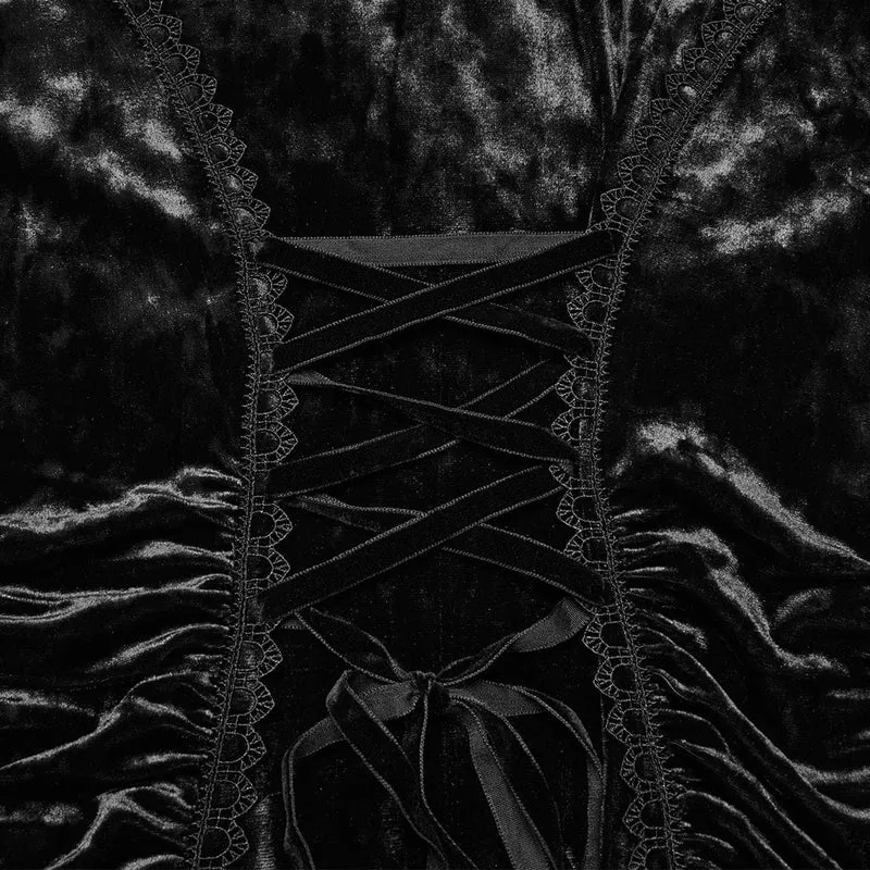 Gothic-Spitzen-Kreuz-Splice-Samtkleid mit Kapuze für Damen, Schwarz