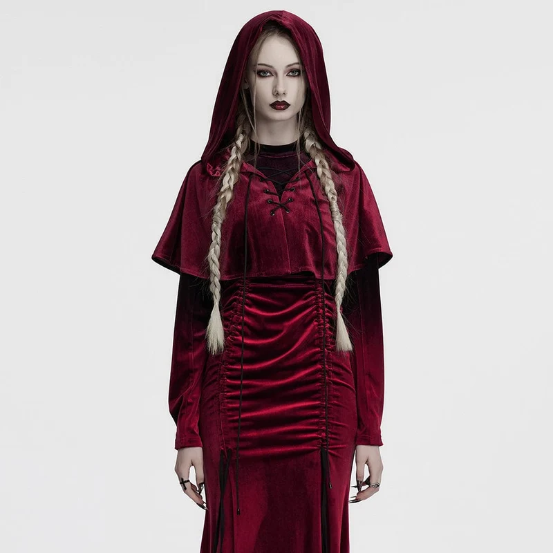 Gothic Cape mit Schnürung und Kapuze aus Samt für Damen in Rot