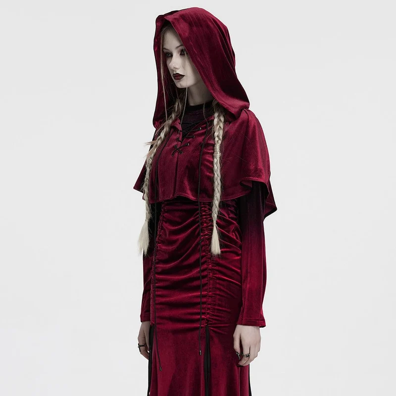 Gothic Cape mit Schnürung und Kapuze aus Samt für Damen in Rot
