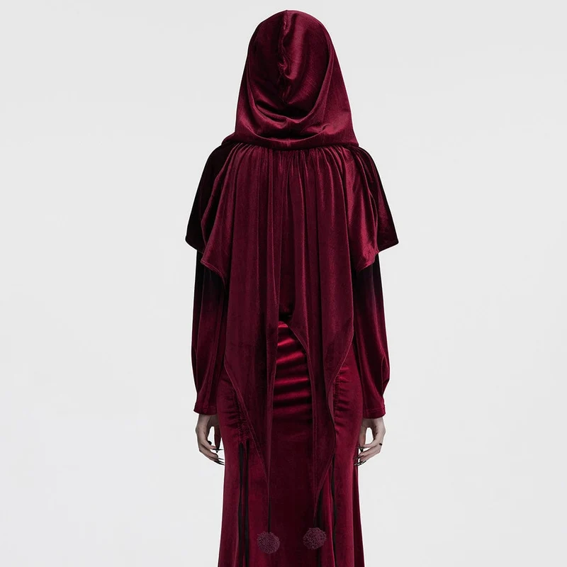 Gothic Cape mit Schnürung und Kapuze aus Samt für Damen in Rot