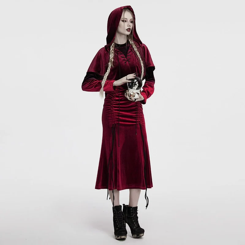 Gothic Cape mit Schnürung und Kapuze aus Samt für Damen in Rot