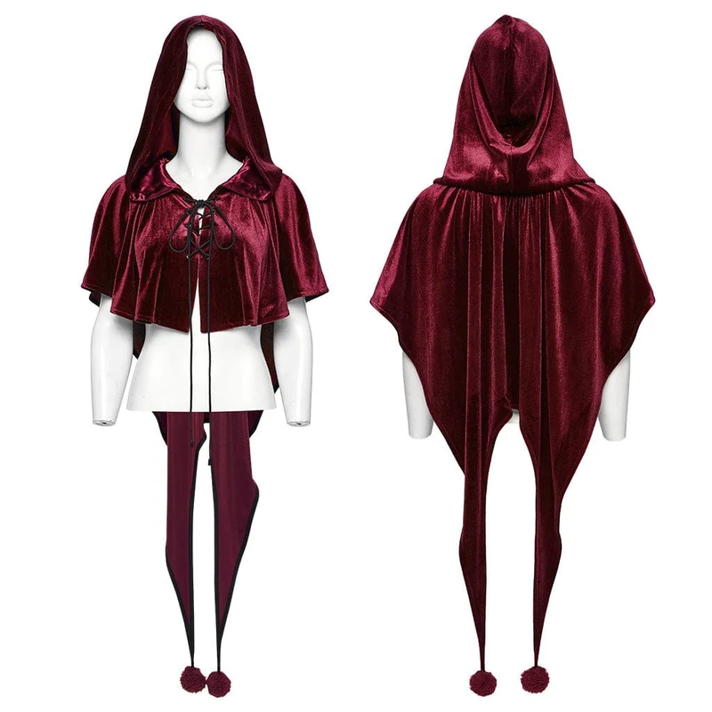 Gothic Cape mit Schnürung und Kapuze aus Samt für Damen in Rot