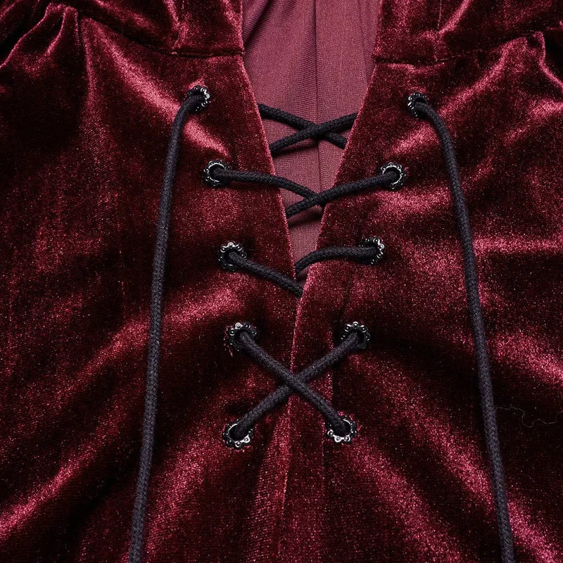 Gothic Cape mit Schnürung und Kapuze aus Samt für Damen in Rot