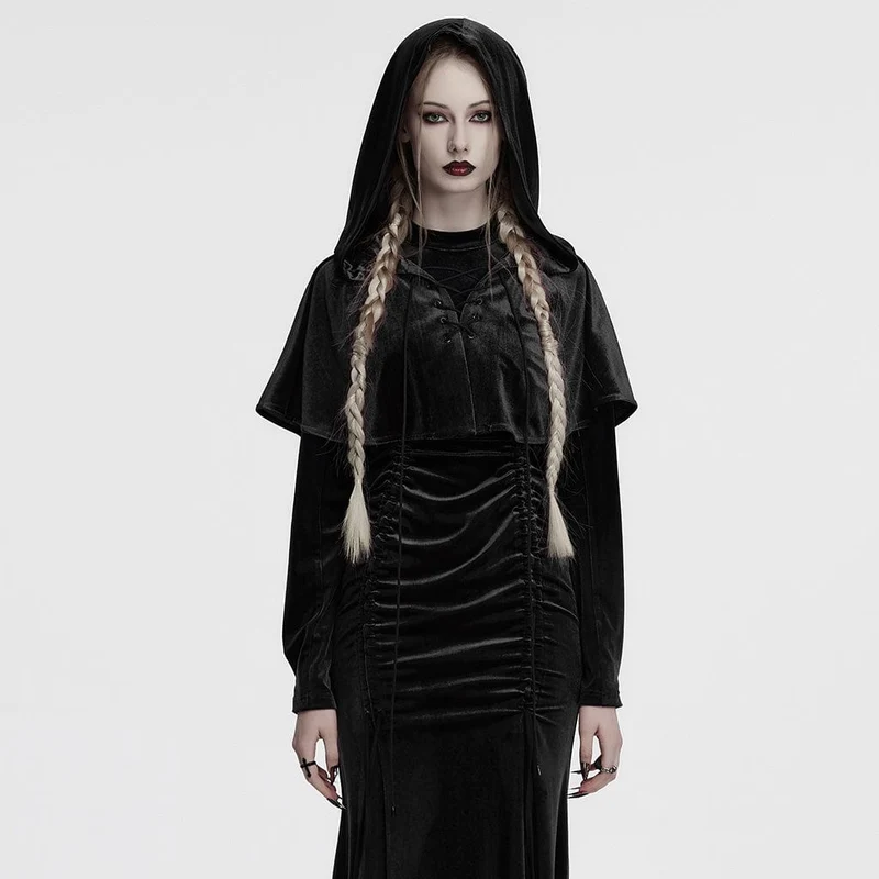 Gothic-Cape mit Schnürung und Kapuze aus Samt für Damen, Schwarz
