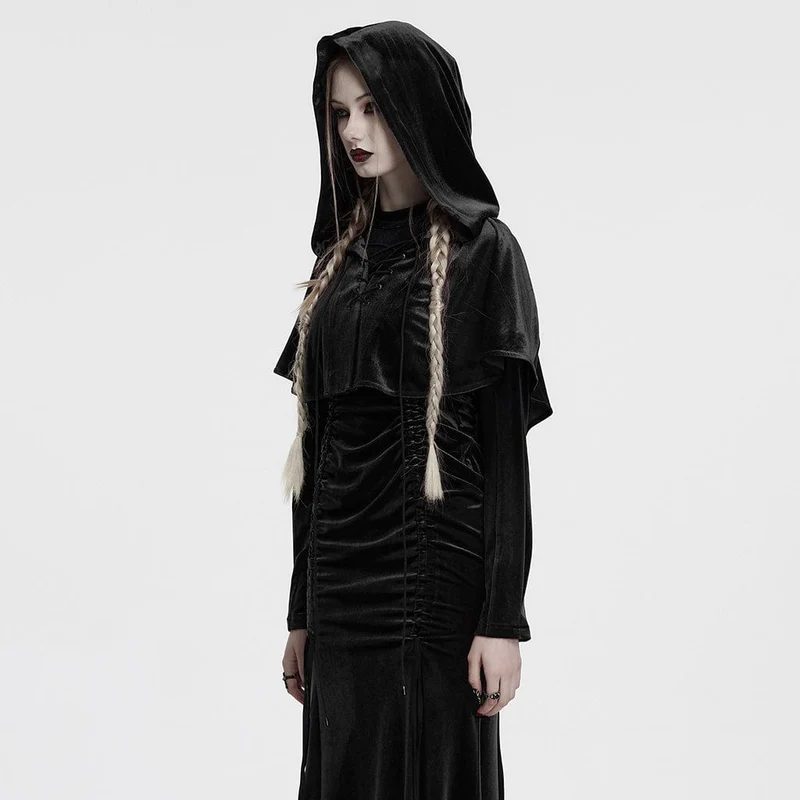 Gothic-Cape mit Schnürung und Kapuze aus Samt für Damen, Schwarz