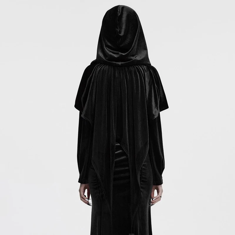 Gothic-Cape mit Schnürung und Kapuze aus Samt für Damen, Schwarz