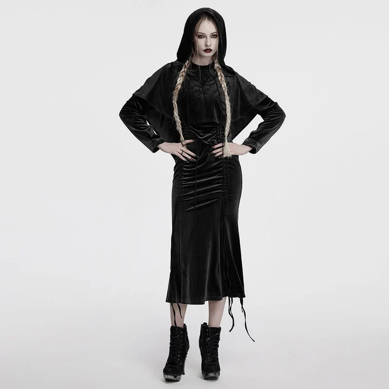 Gothic-Cape mit Schnürung und Kapuze aus Samt für Damen, Schwarz