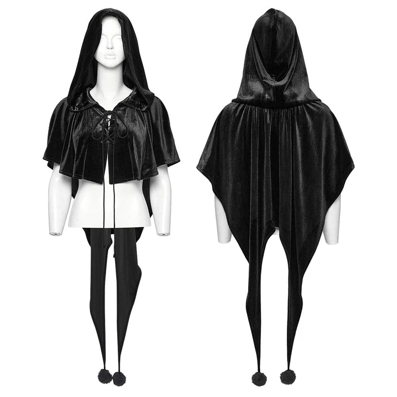 Gothic-Cape mit Schnürung und Kapuze aus Samt für Damen, Schwarz