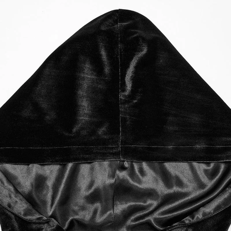 Gothic-Cape mit Schnürung und Kapuze aus Samt für Damen, Schwarz